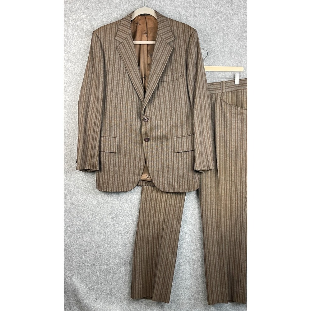Vintage Kuppenheimer Wool Suit Brown Striped Blazer Pant 42R 35x30 Retro 60s 70s